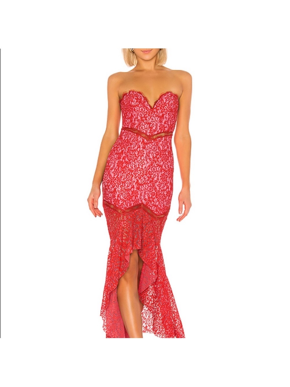 Lovers + Friends Red Strapless Lace Mermaid Dress with Sweetheart Neckline